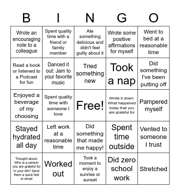 GRE January Self Care BINGO Card