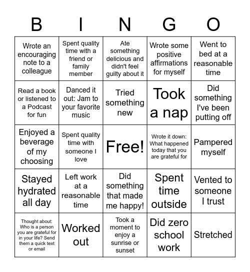 GRE January Self Care BINGO Card