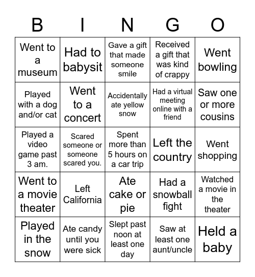 Over winter break...Find someone who.... Bingo Card