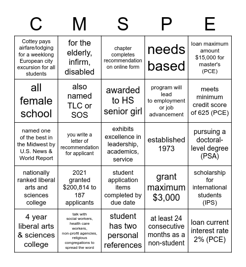 P.E.O. Bingo Card