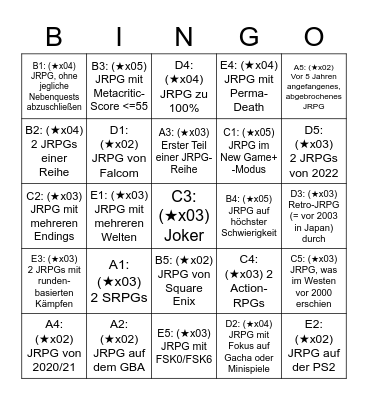 JRPG Challenge 2023 Bingo Card