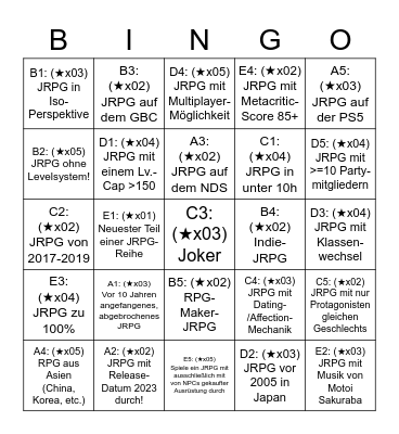 JRPG Challenge 2023 Bingo Card