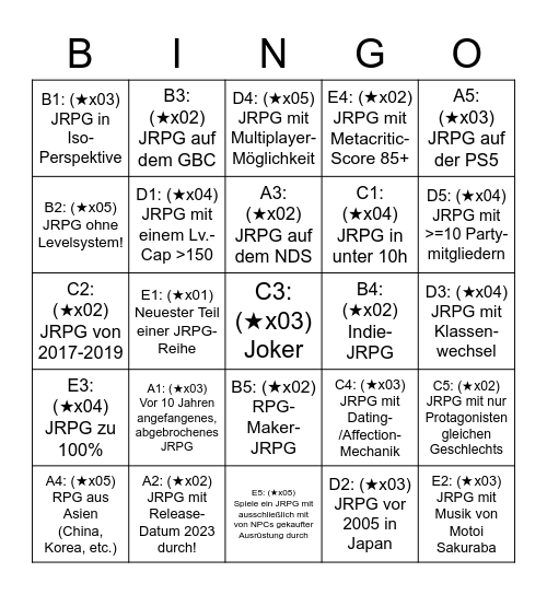 JRPG Challenge 2023 Bingo Card