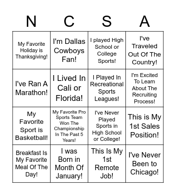 NCSA Bingo!! Bingo Card
