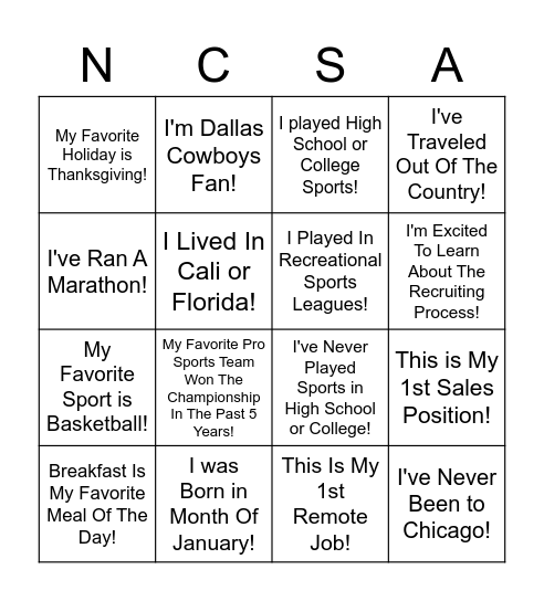 NCSA Bingo!! Bingo Card