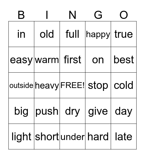 Antonym BINGO Card