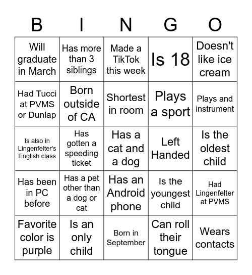 Panther Crew Bingo Card