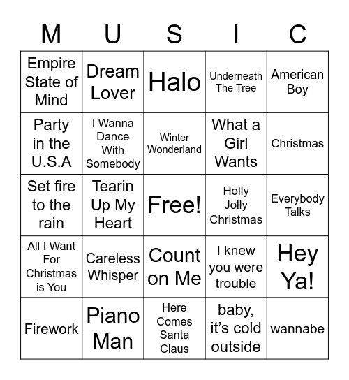 Music Bingo Round 1 Bingo Card