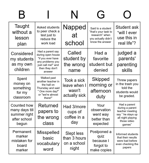 Never have I ever Teacher version Bingo Card