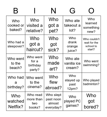 Back-to-School Bingo - What did you do over the school break? Bingo Card