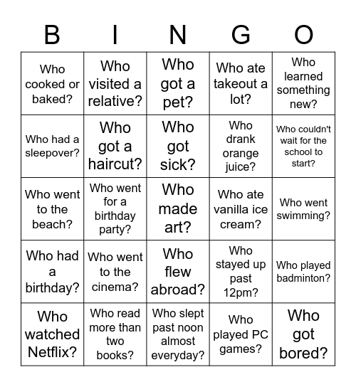 Back-to-School Bingo - What did you do over the school break? Bingo Card
