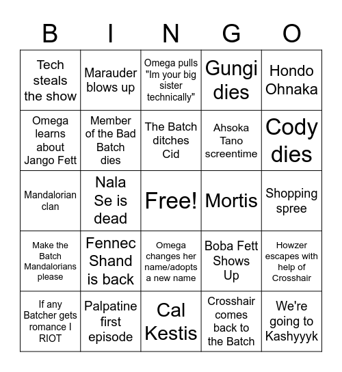 Bad Batch S2 Premier Bingo Card