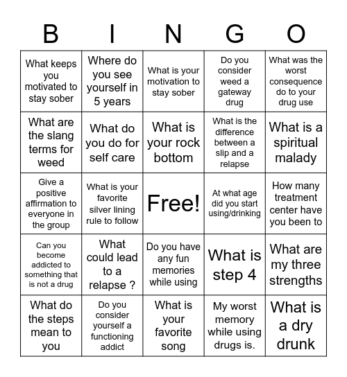 Recovery bingo Card