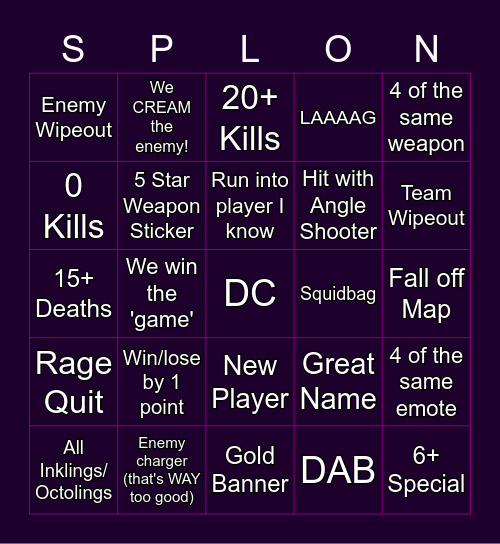 Splatoon Bingo Card