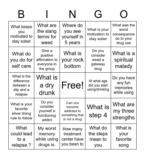 Recovery bingo Card