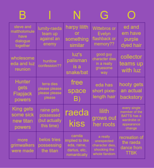 TOH S3 Finale Bingo!! Bingo Card