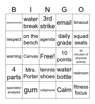 PHYSICAL EDUCATION RULES REVIEW Bingo Card