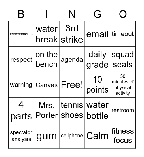 PHYSICAL EDUCATION RULES REVIEW Bingo Card