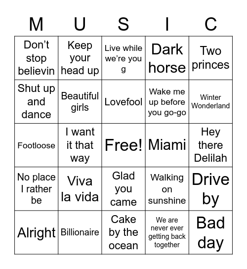 Music Bingo Round 3 Bingo Card