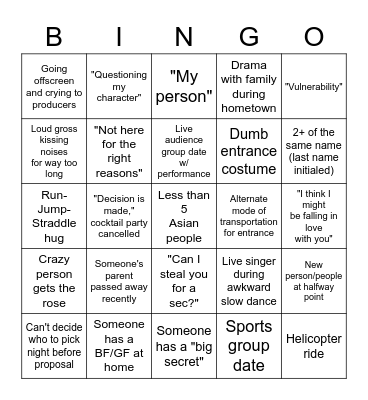 Bachelor(ette) Bingo v.2 Bingo Card