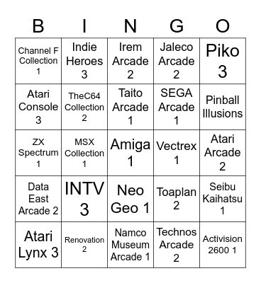 2023 Evercade Bingo Card