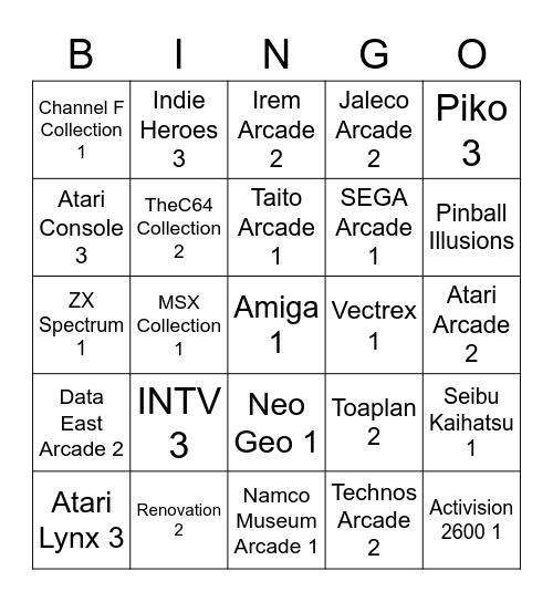 2023 Evercade Bingo Card