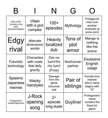 Yu-Gi-Oh Anime/Manga Bingo Card