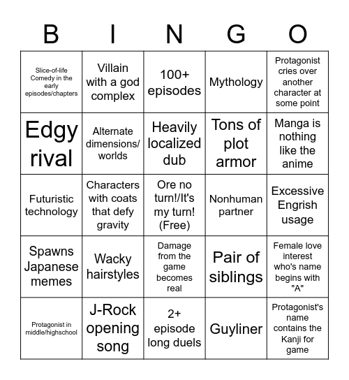 Yu-Gi-Oh Anime/Manga Bingo Card