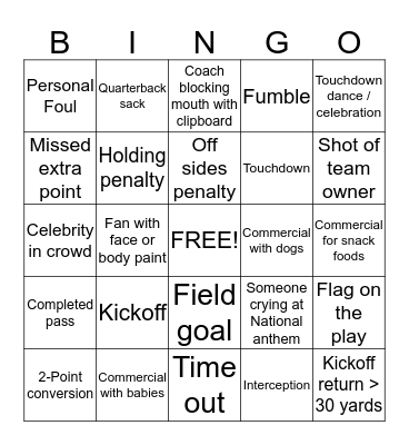 Super Bowl Bingo Card