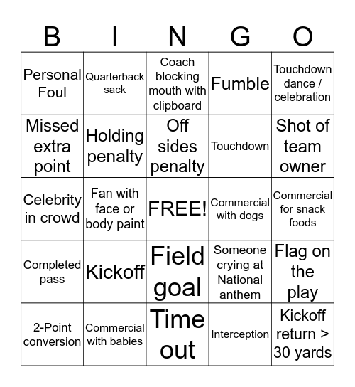 Super Bowl Bingo Card