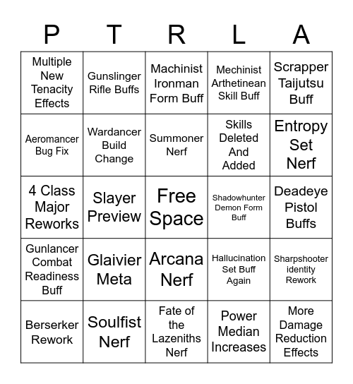 PTR PATCH DAY Bingo Card