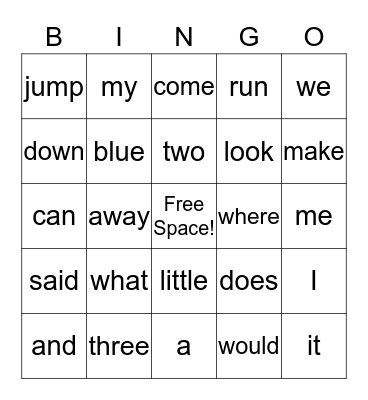 Sight Word Bingo Card