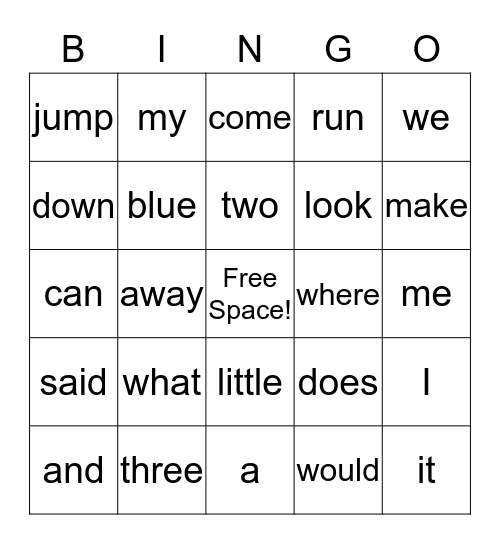 Sight Word Bingo Card