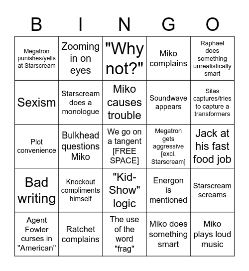 Transformers Prime; Jan. 4th, 2023 Bingo Card