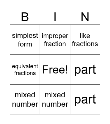Fraction vocabulary Bingo Card