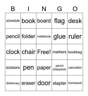 School Supplies Bingo Card