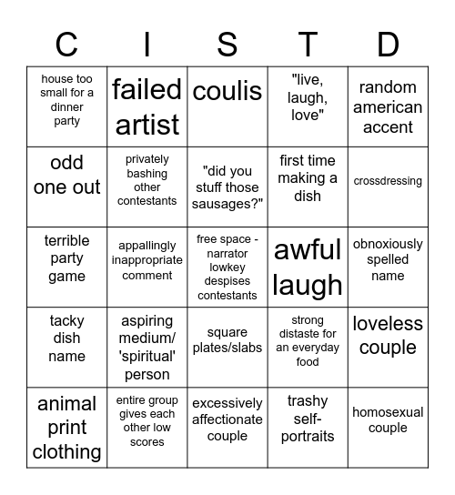 Couples Come Dine with Me ~Can I just ask you to Shut That Door~ Bingo Card