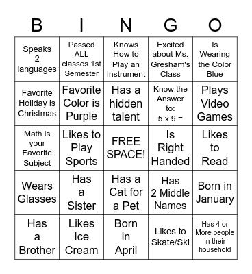 "Get to Know Me" Bingo Card