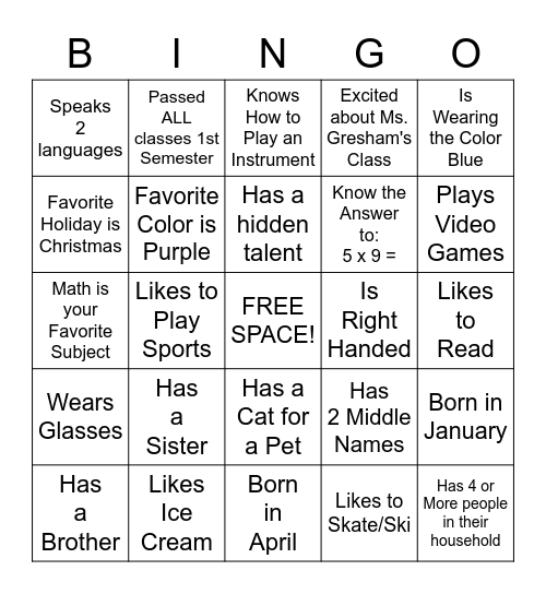 "Get to Know Me" Bingo Card