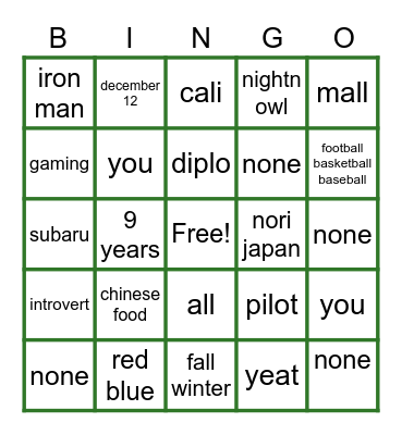 Untitled Bingo Card