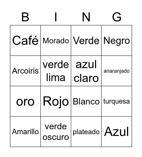 Spanish Colors Bingo Card