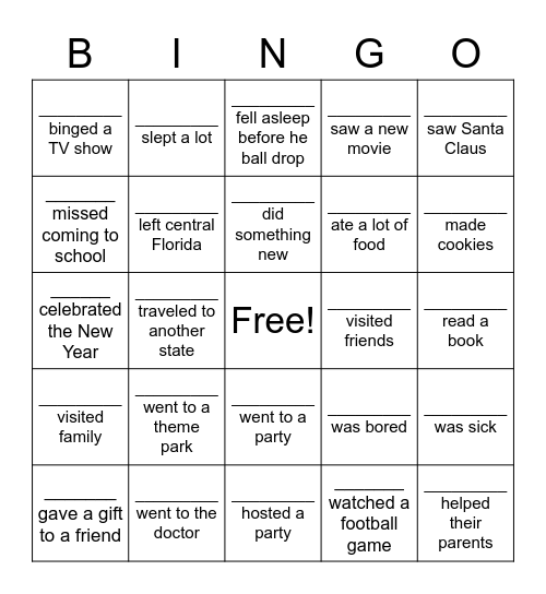 What did you do over winter break? Bingo Card