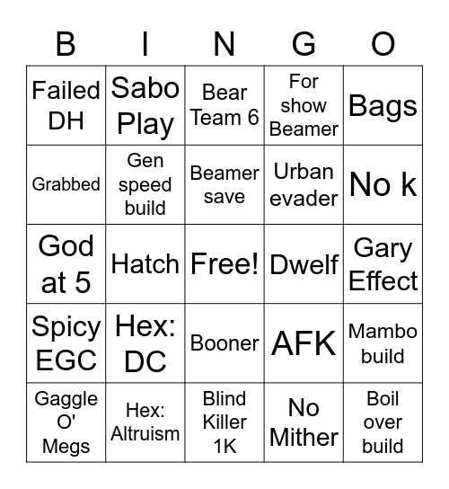 DBD Bingo Card