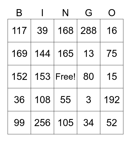 Multiplication & Division Bingo Card