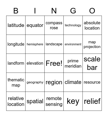 Geography- ch. 1 Bingo Card