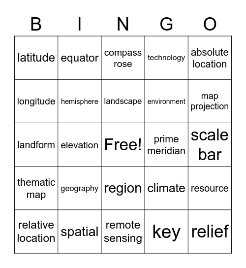 Geography- ch. 1 Bingo Card