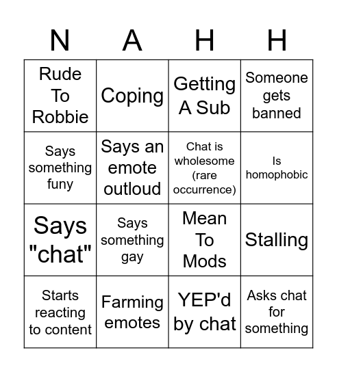 NAHH Bingo Card