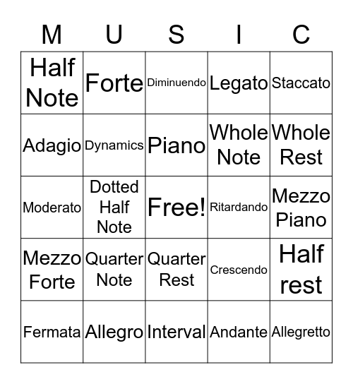 MUSIC Bingo Card