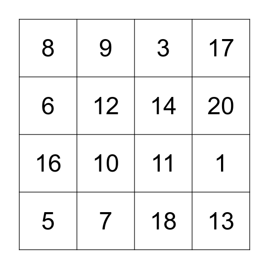 numbers 1-20 4x4 Bingo Card