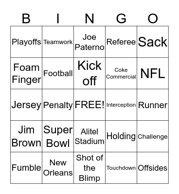 Super Bowl Bingo Card